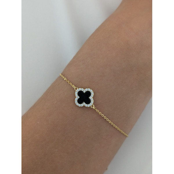 Stříbrný pozlacený náramek s čtyřlístky – černý onyx a zirkony, 1 cm