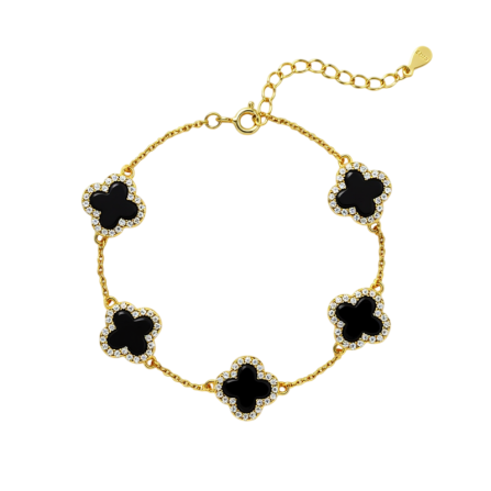 Stříbrný pozlacený náramek s pěti čtyřlístky – černý onyx a zirkony, 1 cm