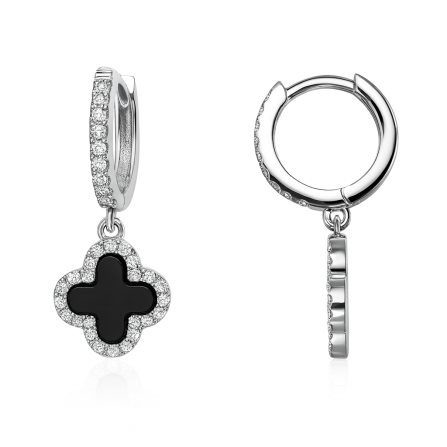 Stříbrné náušnice kruh s čtyřlístkem onyx 1cm