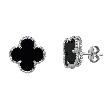 Stříbrné peckové náušnice čtyřlístek – onyx, průměr 1,2 cm