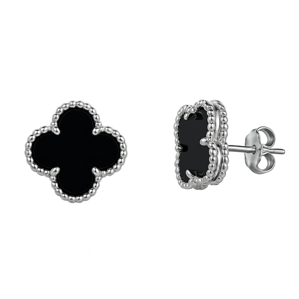 Stříbrné peckové náušnice čtyřlístek – onyx, průměr 1,2 cm