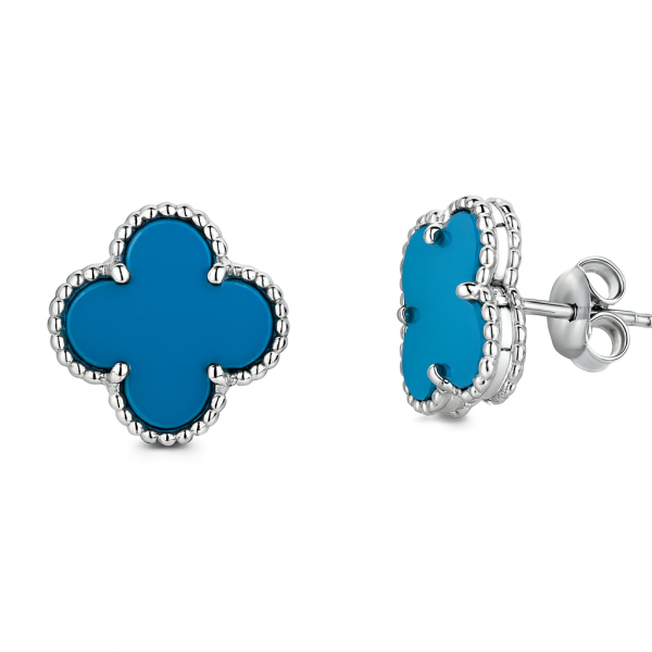 Stříbrné peckové náušnice čtyřlístek – tyrkys, průměr 1,2 cm