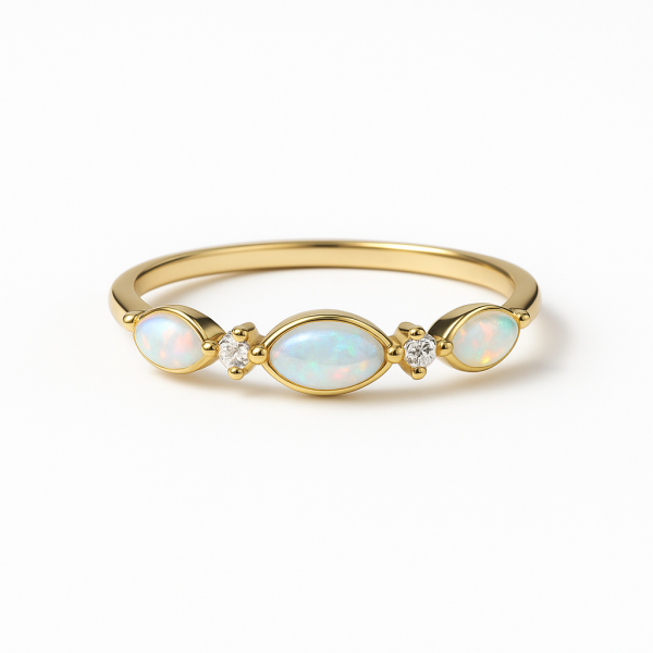 Stříbrný prsten 14kt zlato, 3 opály marquise + zirkony