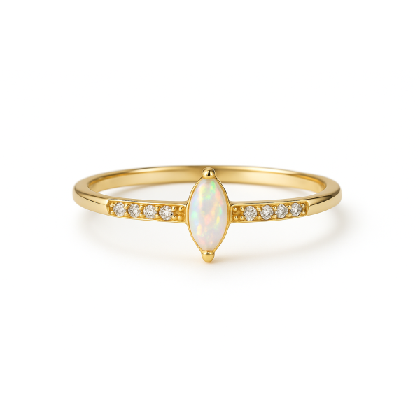 Stříbrný prsten 14kt zlato, opál marquise + zirkony