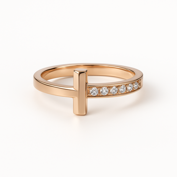 Stříbrný prsten T design, 18ct růžové zlato, zirkony