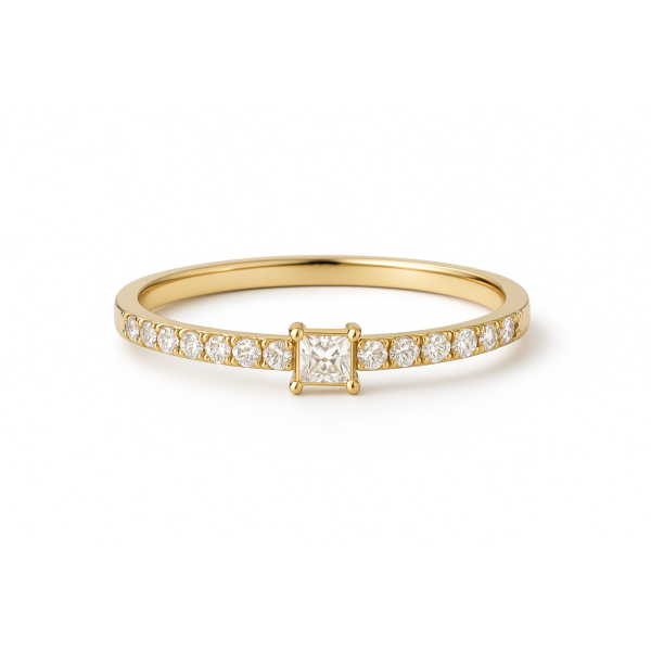 Stříbrný prsten zlacený, 14kt zlato, princess cut