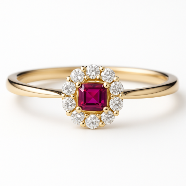 Stříbrný zlacený prsten 14kt zlato – květina s červeným zirkonem princess cut