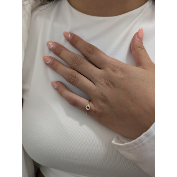 Stříbrný zlacený prsten 14kt zlato – květina s červeným zirkonem princess cut
