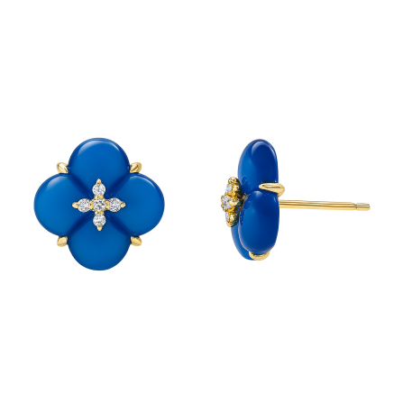 Pozlacené náušnice čtyřlístek s modrým achátem a zirkony