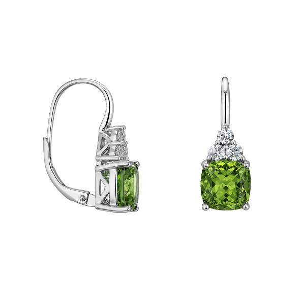Stříbrné náušnice s cushion cut zeleným zirkonem a třemi čirými zirkony