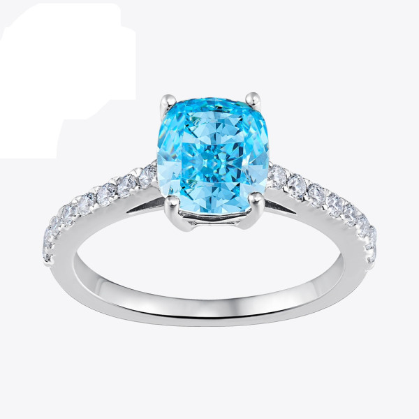 Stříbrný prsten se světle modrým zirkonem cushion cut a čirými zirkony po stranách