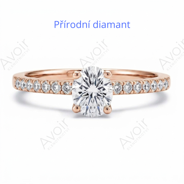 Luxusní prsten z růžového zlata s oválným přírodním diamantem a bočním osazením