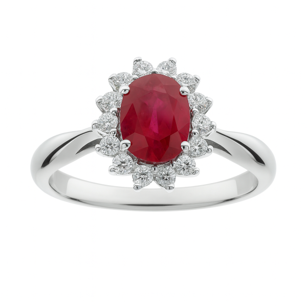 Luxusní zásnubní prsten HALO s oválným rubínem (1,35 ct) a diamantý v bílém zlatě 14ct