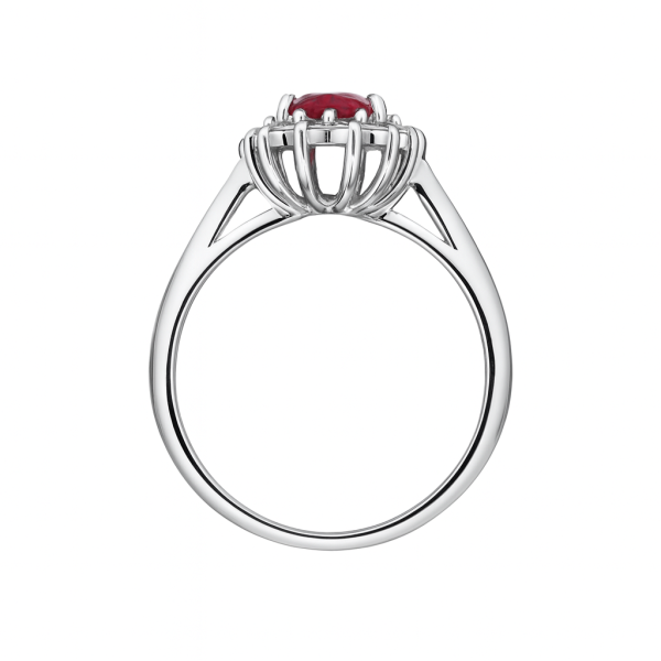 Luxusní zásnubní prsten HALO s oválným rubínem (1,35 ct) a diamantý v bílém zlatě 14ct