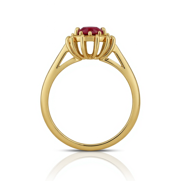 Luxusní zásnubní prsten HALO s oválným rubínem (1,35 ct) a diamantý ve žlutém zlatě 14ct