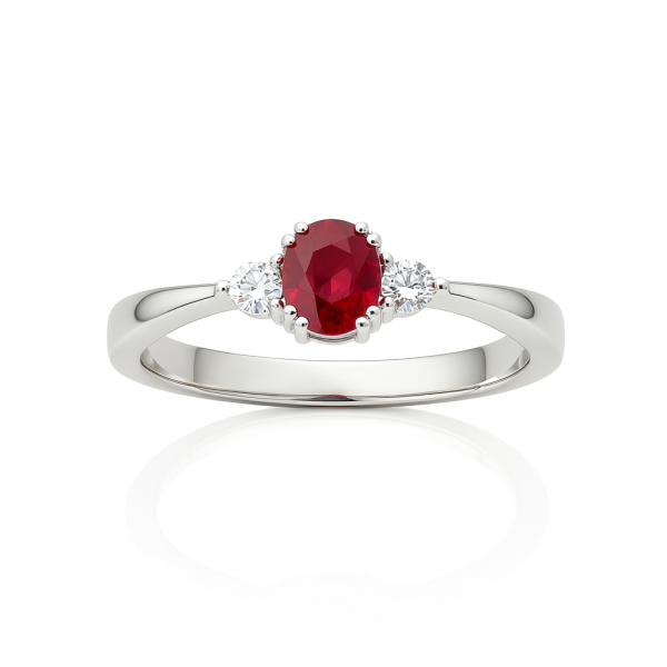 Zásnubní prsten s oválným rubínem (0,44 ct) a dvěma postranními diamanty 14ct bílé zlato