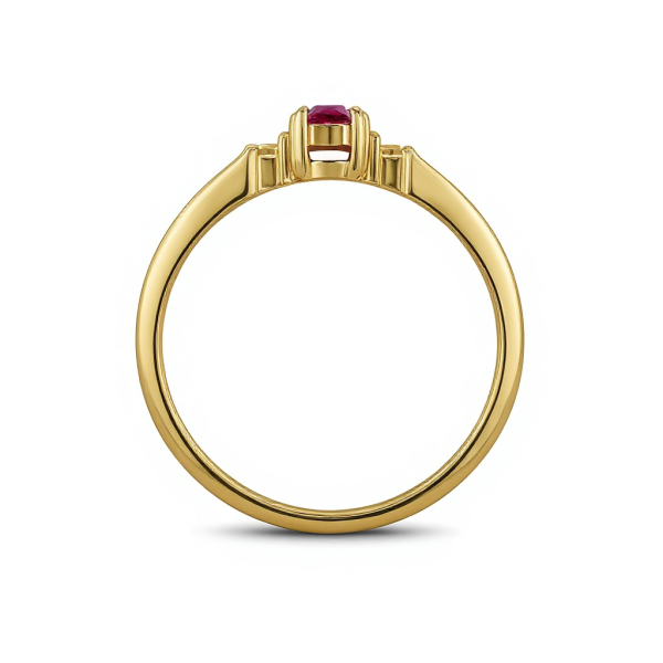 Zásnubní prsten s oválným rubínem (0,44 ct) a dvěma postranními diamanty 14ct žluté zlato