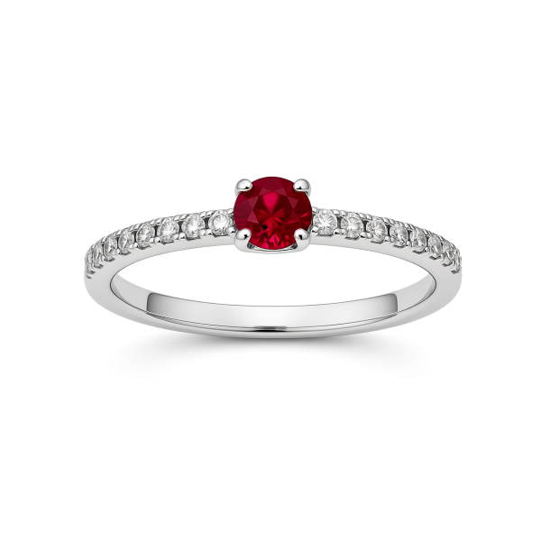 Zásnubní prsten s rubínem (0,25 ct) a bočními diamanty do poloviny těla v bílém zlatě 14ct