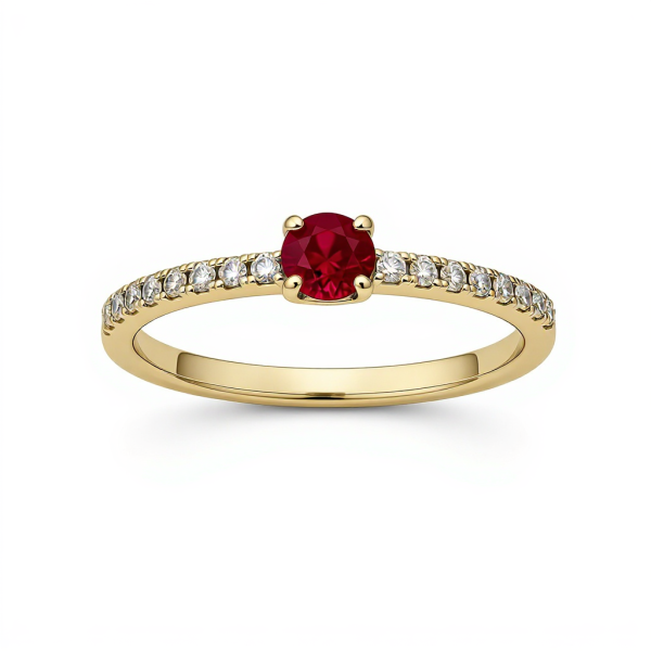 Zásnubní prsten s rubínem (0,25 ct) a bočními diamanty do poloviny těla v žlutém zlatě 14ct