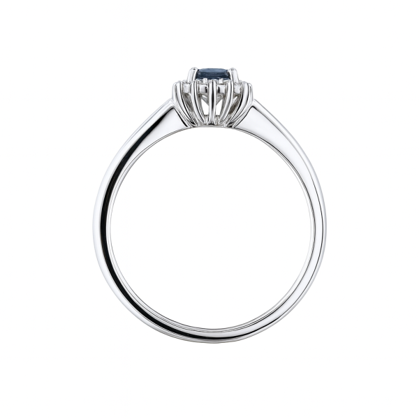 Zásnubní prsten HALO s obdélníkovým safírem (0,65 ct) v bílém zlatě 14ct