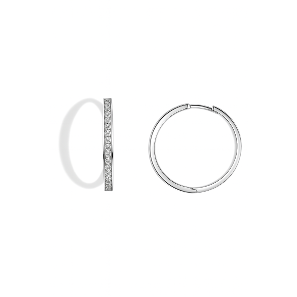 Náušnice kruhy z bílého zlata – z poloviny zdobené zirkony (3 cm)