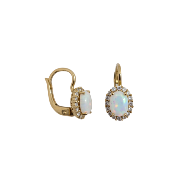 Zlaté náušnice na dámský patent s oválným opalitem a zirkony okolo