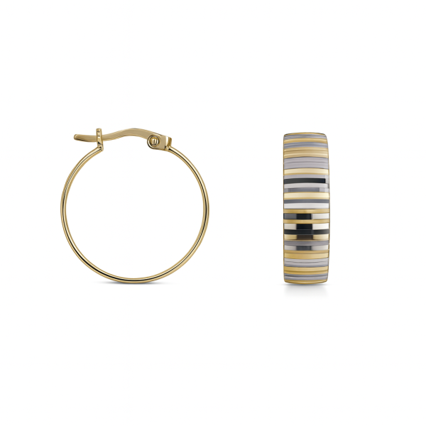 Zlaté náušnice – kruhy gravírované, dvoubarevné (bílé a žluté zlato), průměr 2,2 cm