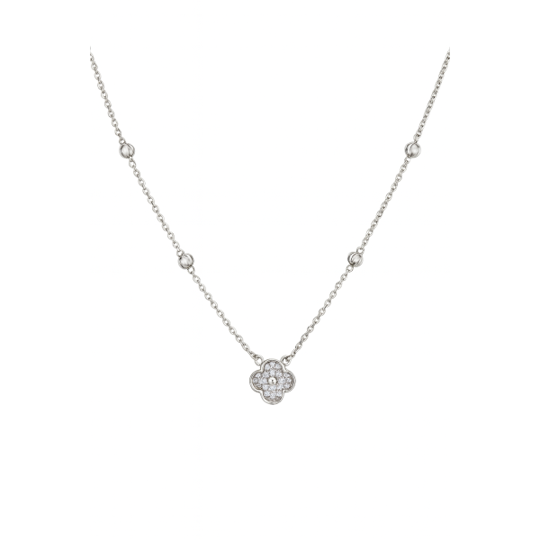 Náhrdelník z bílého zlata – přívěsek čtyřlístku osazený zirkony a kuličky