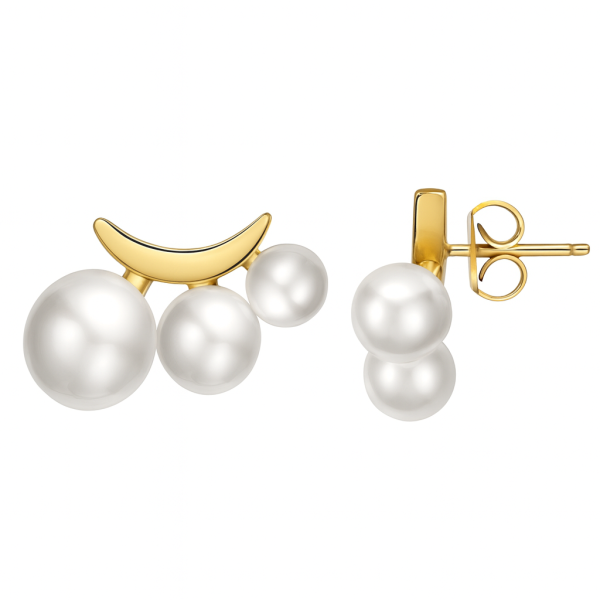 Stříbrné pozlacené náušnice s třemi perlami – půlměsíc