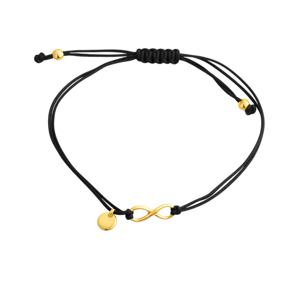 Stříbrný pozlacený náramek na černém provázku – symbol nekonečna, Shamballa