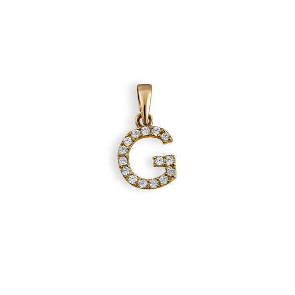 Zlatý přívěsek písmeno G zdobené zirkony – velikost 1 cm
