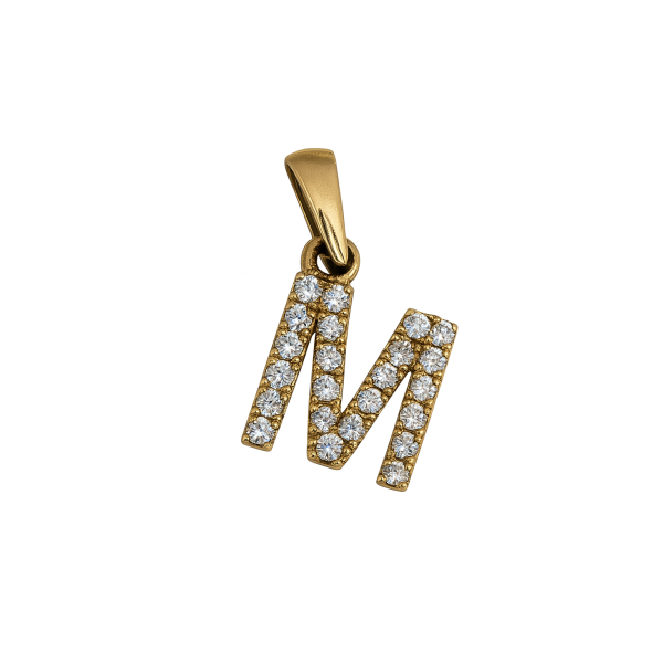 Zlatý přívěsek písmeno M zdobené zirkony – velikost 1 cm