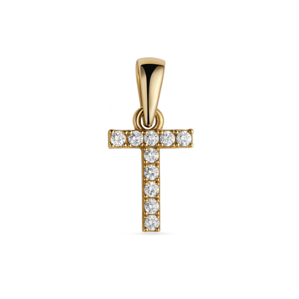 Zlatý přívěsek písmeno T zdobené zirkony – velikost 1 cm